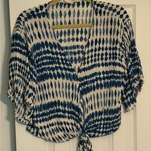 Blue and White Patterned Tie-Front Top